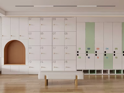 Modern Numbered Lockers In Indoor Space With White Green Design And Wooden Floor Bench 3d model