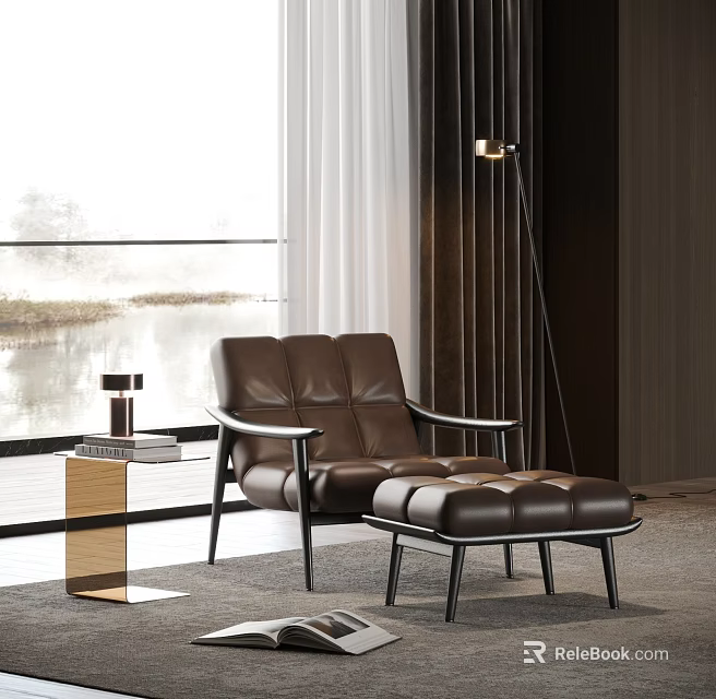 Brown Leather Lounge Chair With Ottoman And Floor Lamp In Modern Interior With Natural View 3d model 