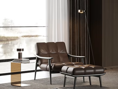Brown Leather Lounge Chair With Ottoman And Floor Lamp In Modern Interior With Natural View 3d model