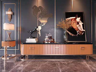 Modern Luxury TV Stand With Gold Accents Marble Top Horse Painting And Vase 3d model