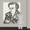Black and White Portrait Sketch of Short Haired Figure with Textured Clothing and Bear Figurine