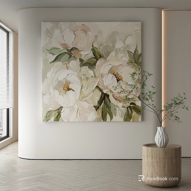 Abstract Painting with White Pink Flowers Green Leaves on Light Background in Bright Room 3d model 