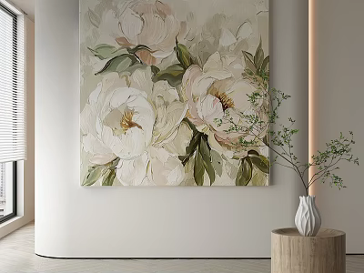 Abstract Painting with White Pink Flowers Green Leaves on Light Background in Bright Room 3d model