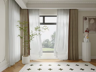 Elegant White and Brown Curtains in Window with Natural Light Indoor Plant and Decorative Sculpture 3d model
