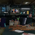 Industrial SciFi Room Interior With Hanging Posters And Decorative Wall Hangings