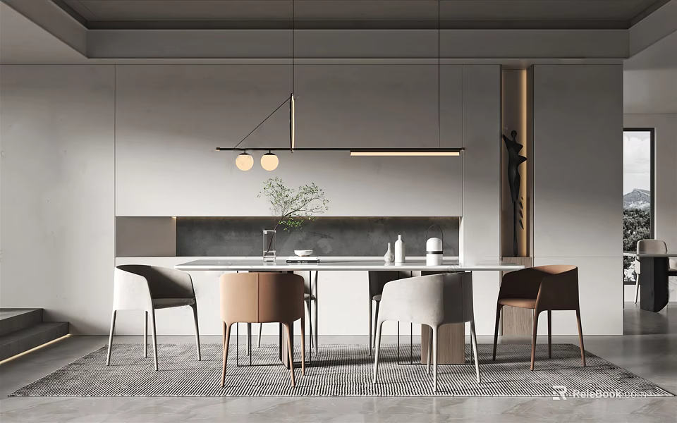 Elegant Modern Restaurant Interior Featuring Dining Table Chairs Pendant Lights Vase Grey Walls And Rug 3d model 