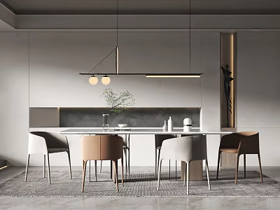 Elegant Modern Restaurant Interior Featuring Dining Table Chairs Pendant Lights Vase Grey Walls And Rug 3d model