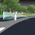 Modern White Curved Entrance Gate Design With Green Backdrop Trees And Paved Ground