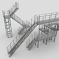 Industrial Metal Stairs with Multiple Connected Platforms Railings and Steel Structure