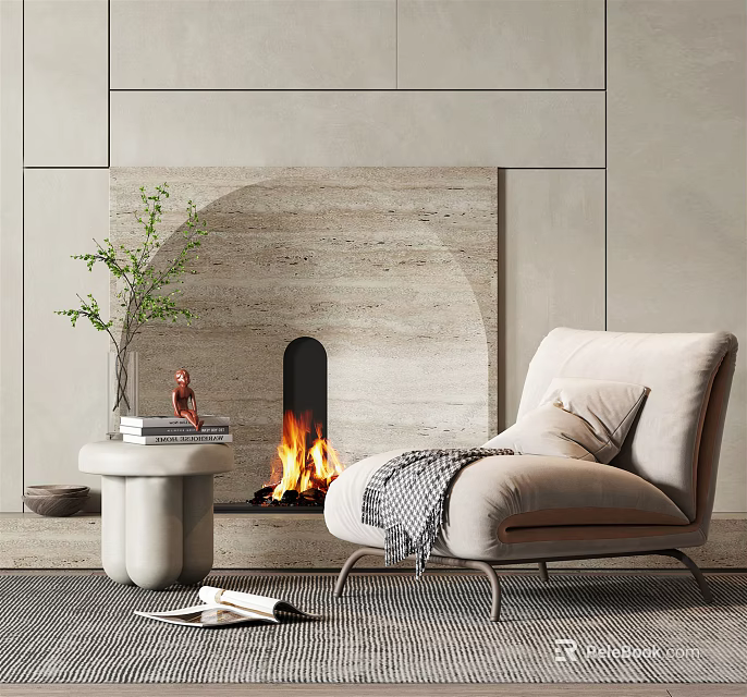Cozy Single Sofa With Soft Pillow And Blanket By Stone Fireplace With Warm Fire 3d model 