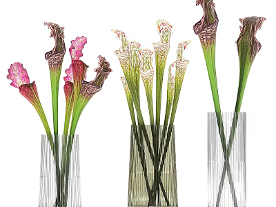 Transparent Striped Vases With Unique Pink Green White Decorative Flower Arrangement 3d model