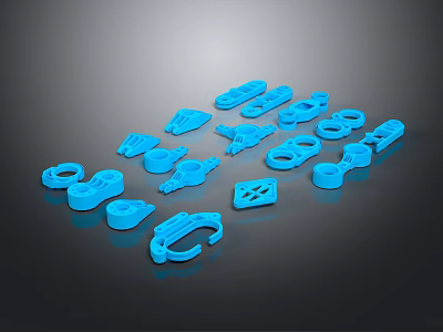 Blue 3D Printed Small Parts With Various Shapes And Assembly Tools 3d model
