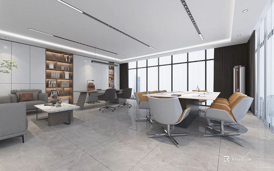 Modern Office Interior Design With Open Layout Large Windows Conference Table Sofa And Bookshelves 3d model