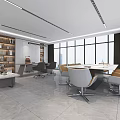 Modern Office Interior Design With Open Layout Large Windows Conference Table Sofa And Bookshelves 3d model