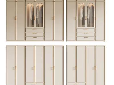 Modern Beige Wardrobe With Glass Doors Drawers And Gold Handles Design 3d model