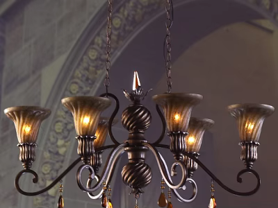 Elegant Vintage Metal Chandelier with Glass Shades Ornate Curved Design and Warm Glowing Bulbs 3d model