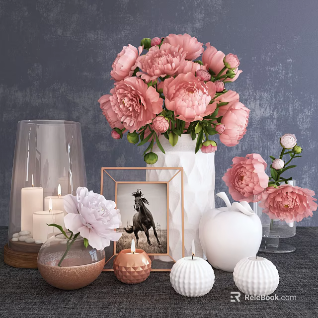 White Vase with Pink Flowers Framed Picture Candles and Decorative Items on Textured Wall 3d model 