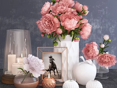 White Vase with Pink Flowers Framed Picture Candles and Decorative Items on Textured Wall 3d model