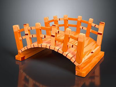 Orange Wooden Arch Bridge Model With Decorative Railings And Japanese Style 3d model