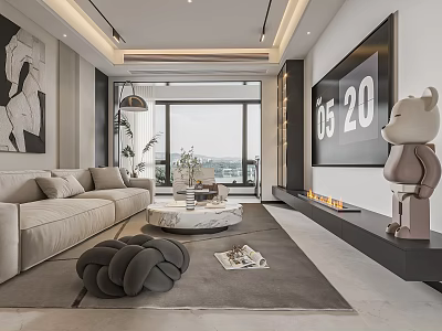 Modern Living Dining Room Design With Beige Sofa Marble Coffee Table Floor To Ceiling Windows 3d model