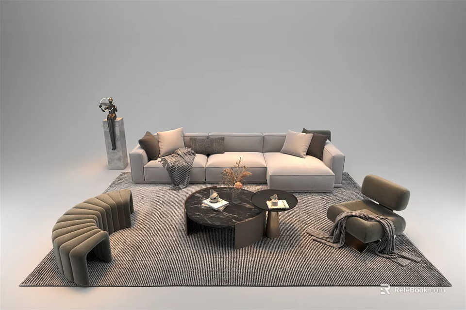 Modern Fabric Sofa With Marble Top Coffee Table And Circular Rug Accent Chair 3d model 
