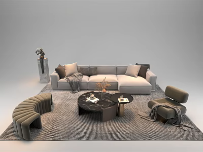 Modern Fabric Sofa With Marble Top Coffee Table And Circular Rug Accent Chair 3d model
