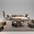 Modern Fabric Sofa With Marble Top Coffee Table And Circular Rug Accent Chair