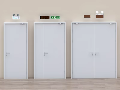 Three White Doors On Wall With Exit Sign And Other Signs Above Wooden Floor 3d model
