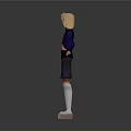Blonde Woman in Blue Cropped Top Black Shorts with Purple Patterns White Socks Gray Background