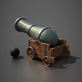 Vintage Cannon Weapon with Metal Barrel Wooden Carriage Wheels and Cannonball