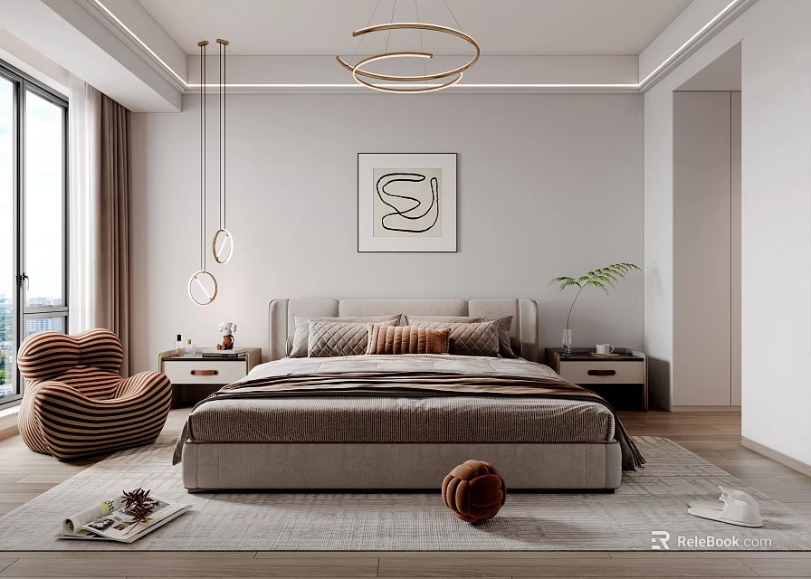 Modern Bedroom Interior With Soft Headboard Pillows Abstract Art Woven Chair And Area Rug 3d model 