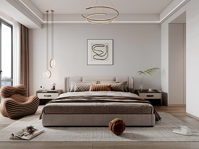 Modern Bedroom Interior With Soft Headboard Pillows Abstract Art Woven Chair And Area Rug 3d model