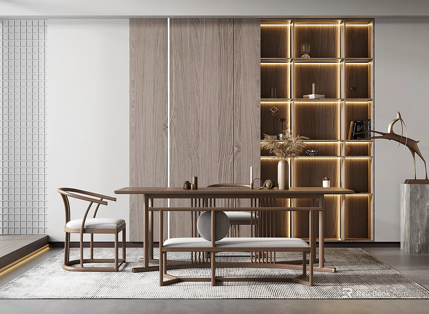 Modern Minimalist Tea Table And Chairs With Wooden Bookshelf And Ambient Lighting 3d model 