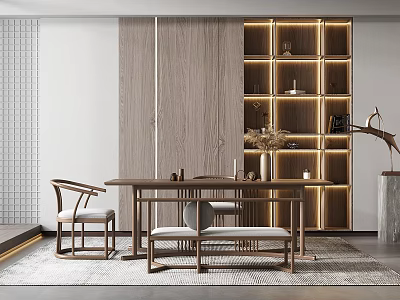 Modern Minimalist Tea Table And Chairs With Wooden Bookshelf And Ambient Lighting 3d model