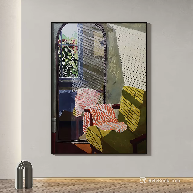 Oil Painting Featuring Arched Window Flowers Striped Chair and Sunlight Shadow Effects 3d model 