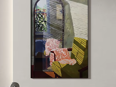 Oil Painting Featuring Arched Window Flowers Striped Chair and Sunlight Shadow Effects 3d model