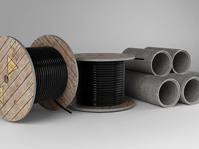 Construction Cable Reels And Concrete Pipes With Wooden Spools For Projects 3d model