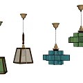 Vintage Glass Chandeliers With Colored Panels Geometric Design And Wooden Frames