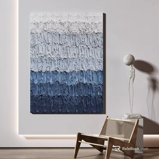 Blue And White Gradient Textured Painting On Wall With Sphere Decor And Chair 3d model 