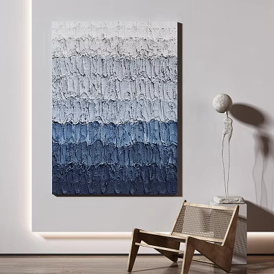 Blue And White Gradient Textured Painting On Wall With Sphere Decor And Chair 3d model