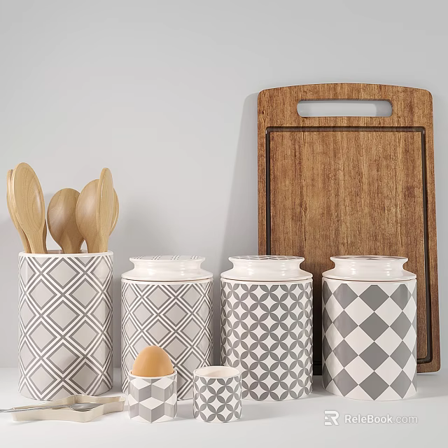 Kitchenware Set With Wooden Spoons Patterned Canisters And Cutting Board 3d model 