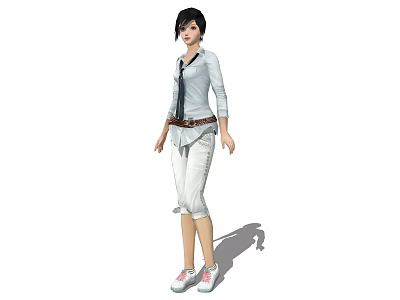 Woman Standing In White Shirt White Cropped Pants Belt And Pink Shoes 3d model