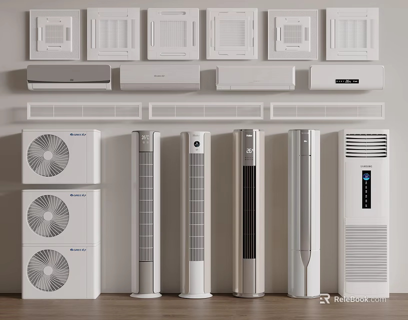 Different Types Of Air Conditioners And Fans With Wall Mounted Floor Standing And Cabinet Styles 3d model 