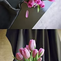Pink Tulips In Purple Pot With White Ribbon On Gray Fabric Background And Scattered Petals