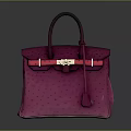 Stylish Pink Ostrich Leather Handbag With Dark Purple Handle Golden Clasp And Hanging Tassel
