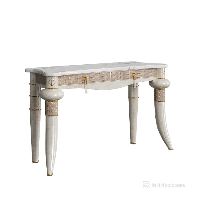 Elegant White Marble Console Table With Wicker Panel Decorative Legs And Gold Accents 3d model