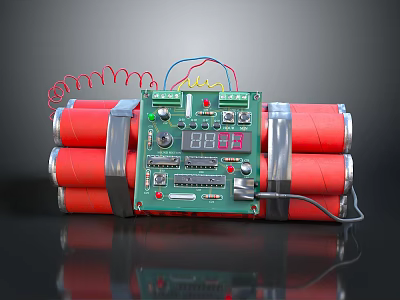 Bomb Weapon With Red Explosive Cylinders Green Control Panel Digital Display And Colorful Wires 3d model