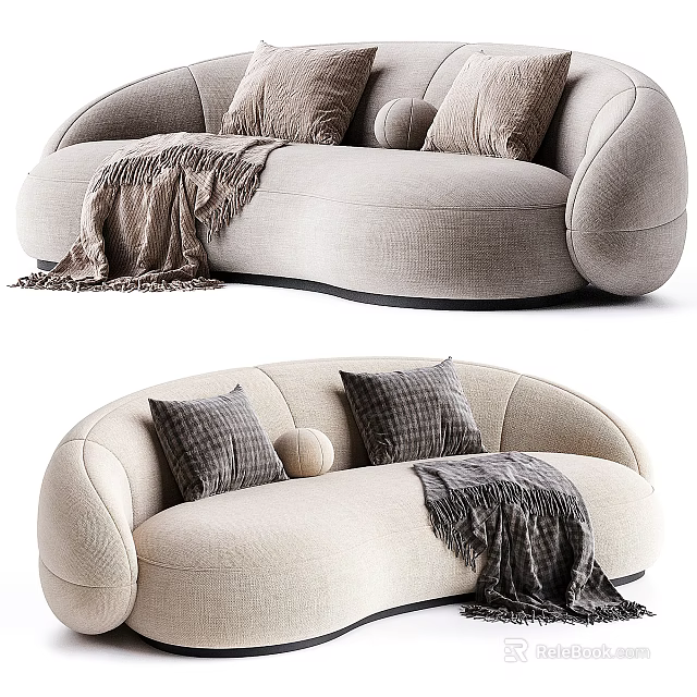Cozy Beige Sectional Sofa With Curved Design Plush Pillows And Soft Throw Blanket 3d model 