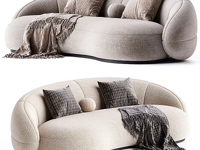 Cozy Beige Sectional Sofa With Curved Design Plush Pillows And Soft Throw Blanket 3d model