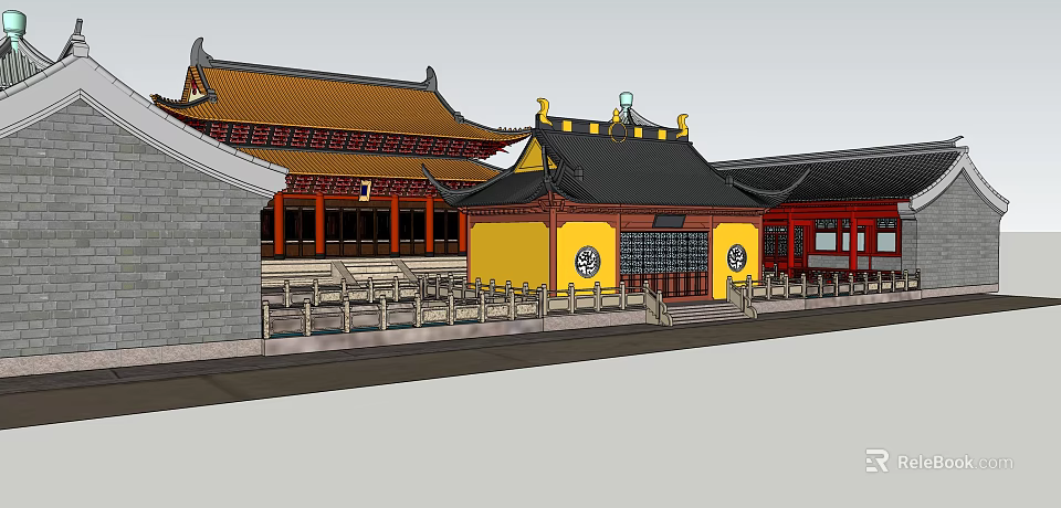 Traditional Ancient Architecture With Yellow Walls Red Pillars And Curved Roof Tiles 3d model 